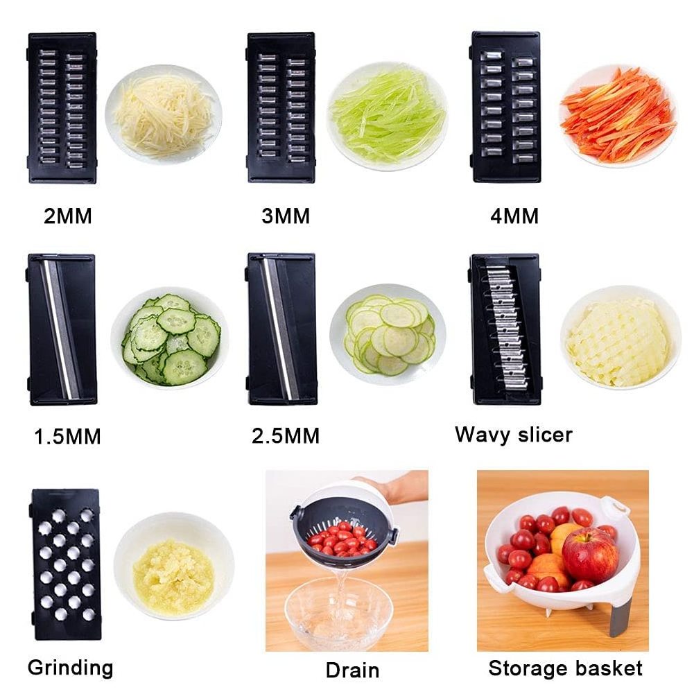 Multifunctional Vegetable & Fruit Slicer Grater 9 in 1 Vegetable Cutter with Drain Basket