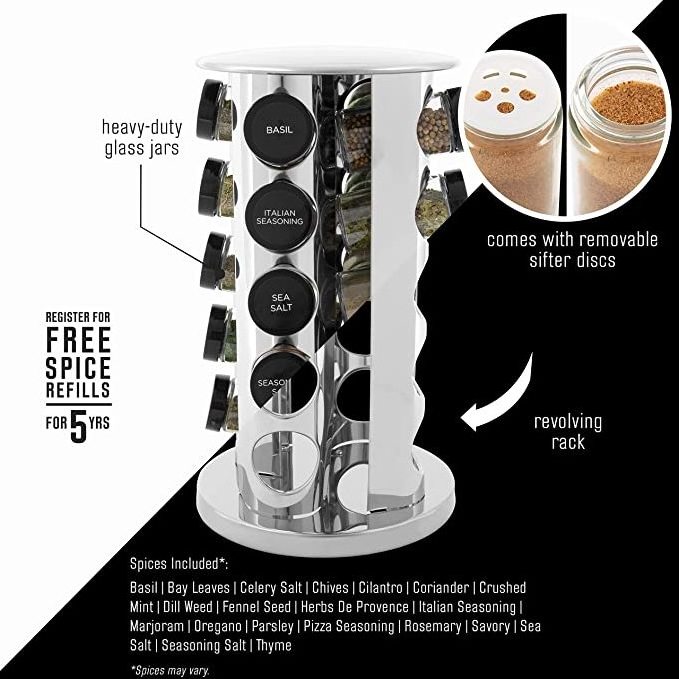 20 Can Countertop Shelf Organizer with Free Spice Refill 5 Years Polished Stainless Steel and Black Lid Spice Jar With Rack