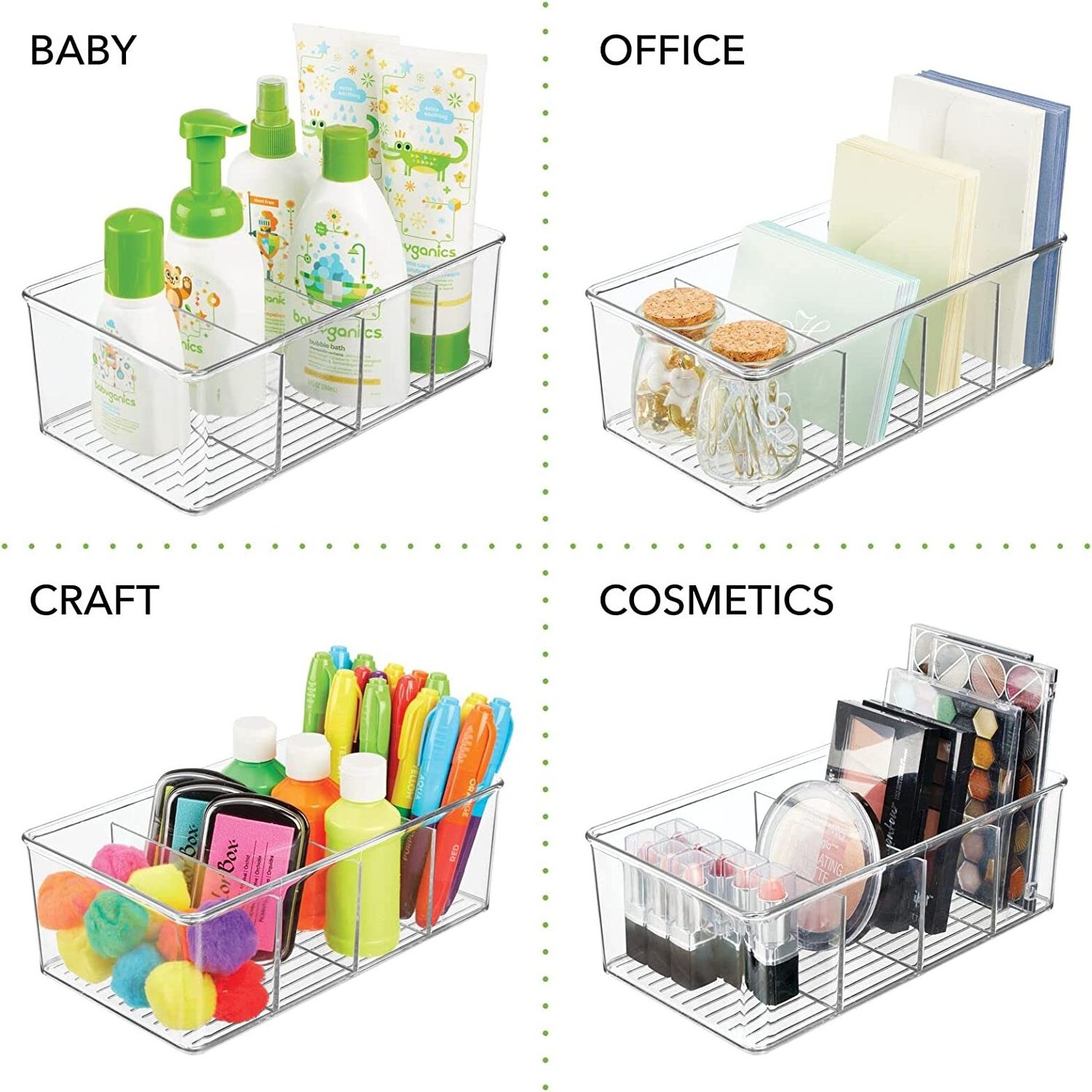 Plastic Divided Kitchen Organizer Bin Container Box 4 Sections Pantry Clear Refrigerator Organizer Bins