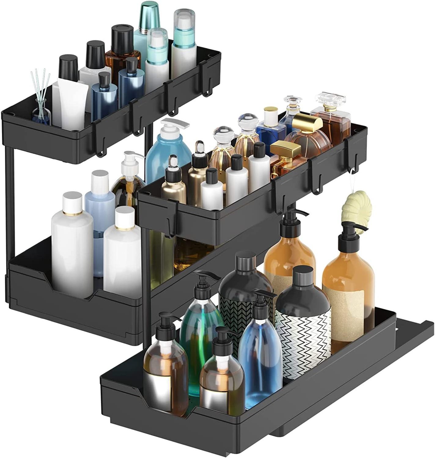 L-shape Kitchen Organization 2-Tier Sliding Cabinet Organizer Under Sink Organizers and Storage