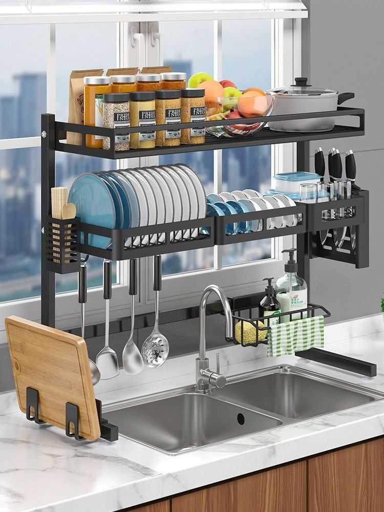 Sink Dish Drying Rack Stainless Steel 2 Tier Dish Rack Above Kitchen Sink Shelf Durable Black Dish Drainer