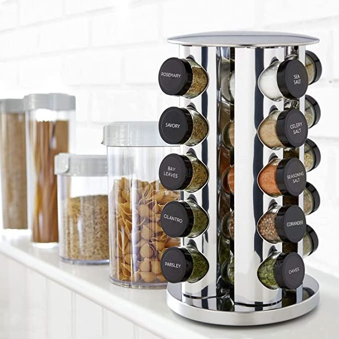 20 Can Countertop Shelf Organizer with Free Spice Refill 5 Years Polished Stainless Steel and Black Lid Spice Jar With Rack