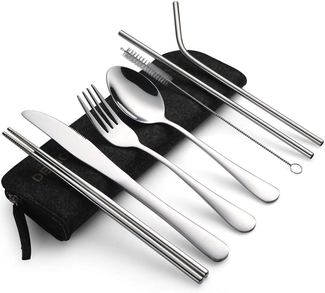 8-Piece including Knife Fork Spoon Chopsticks Cleaning Brush Straws Portable Case Stainless Steel Flatware set