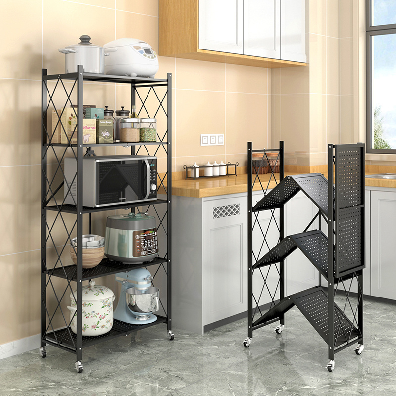 Morgie folding black racks steel storage shelf estantes mobile folded shelves 5 layer folding storage shelf for home