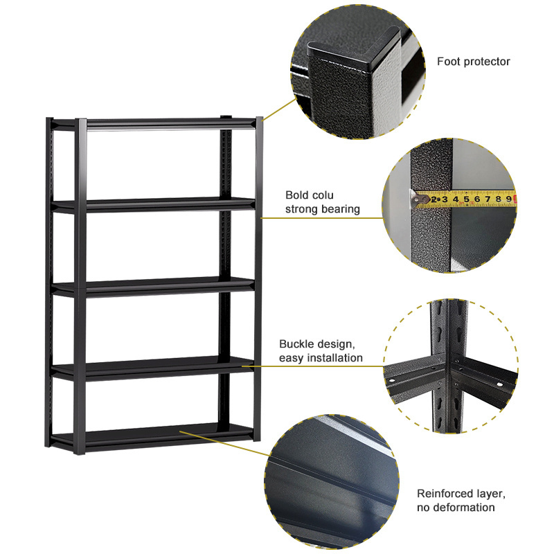 Morgie steel display storage racks shelving units kitchen all metal storage warehouse garage 5 layer boltless racking black