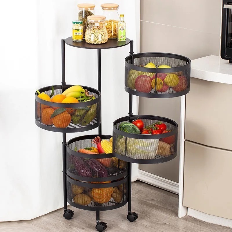 Morgie Hot Selling 5 Layers Rotatable Black Steel Kitchen Rack with Wheels