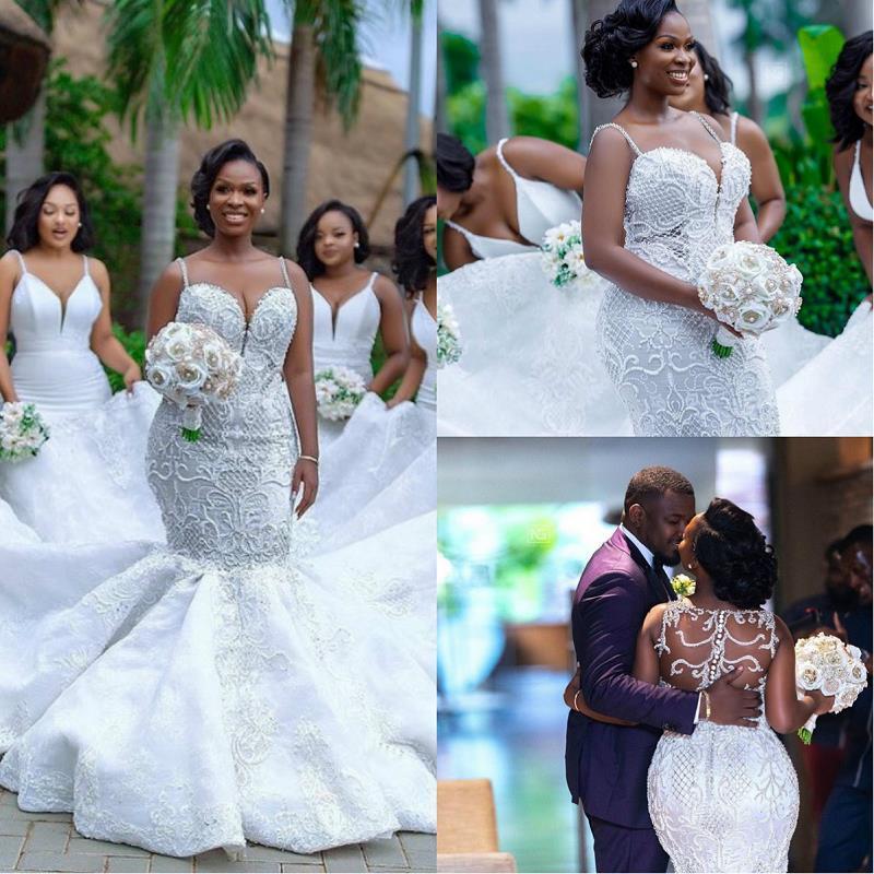 African Luxury Beaded Appliques Bridal Church Formal Bridal Gowns ivory white Lace  Mermaid Wedding Dresses MWA501