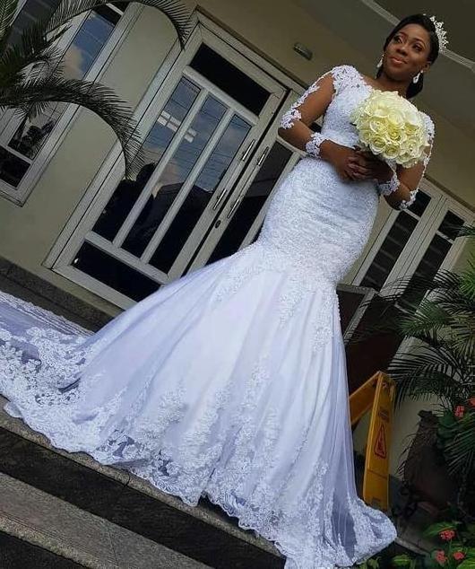 New styles appliqued beaded customized big plus size african mermaid trumpet white cheap long sleeve wedding dresses  MWA231