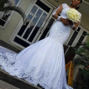 New styles appliqued beaded customized big plus size african mermaid trumpet white cheap long sleeve wedding dresses  MWA231