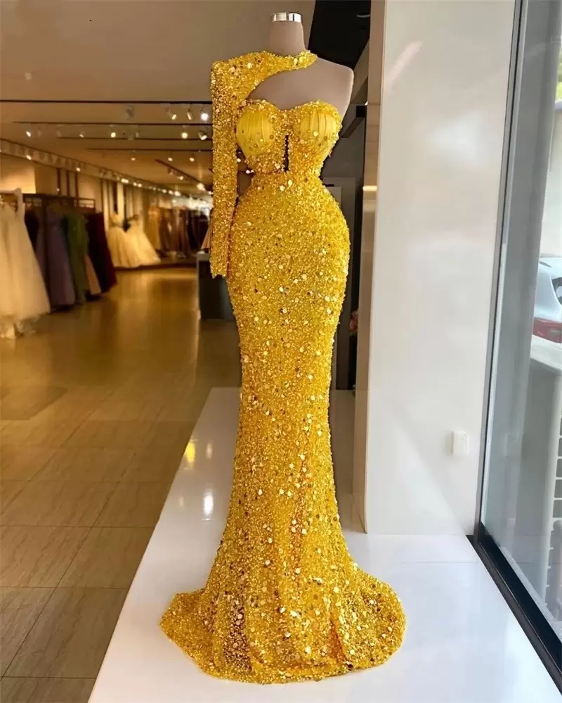 One Shoulder Beads Sequined Formal Long Dubai Arabic Robe Party Evening Gowns Glitter Yellow Prom Dress MP116