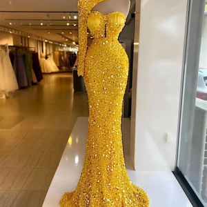 One Shoulder Beads Sequined Formal Long Dubai Arabic Robe Party Evening Gowns Glitter Yellow Prom Dress MP116