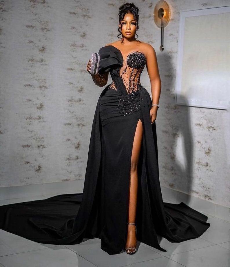 One Sleeve Beads Sequined Formal Long Dubai Arabic Robe Party Evening Gowns Occasional Glitter Black Prom Dresses MP116