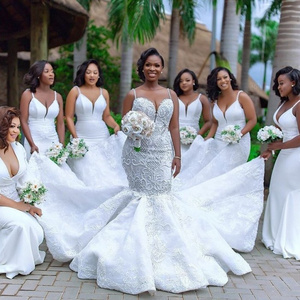 African Luxury Beaded Appliques Bridal Church Formal Bridal Gowns ivory white Lace  Mermaid Wedding Dresses MWA501