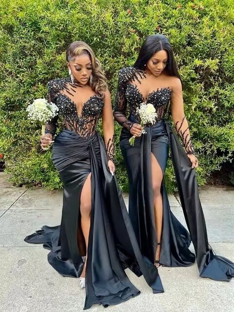 Black Evening Dresses High Side Split Long Vestidos De Fiesta Arabic Aso Ebi Bridesmaid Prom Maid dress MB474