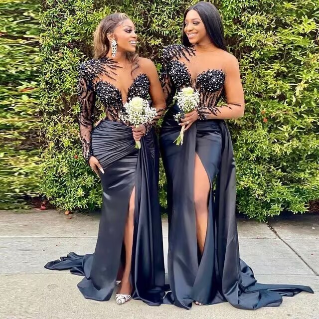 Black Evening Dresses High Side Split Long Vestidos De Fiesta Arabic Aso Ebi Bridesmaid Prom Maid dress MB474