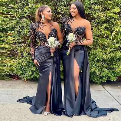 Elegant Long Sleeve Black Prom Dress Off The Shoulder Sequin Long Sleeves  Satin Prom Dresses For