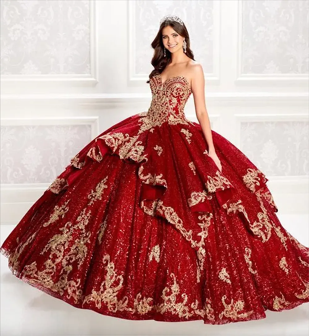 Sparkly Beaded Lace Ball Gown Sweetheart Sequined Prom Gowns Tiered Sweet 15 Dress Red Quinceanera Dresses With Jacket MQ653