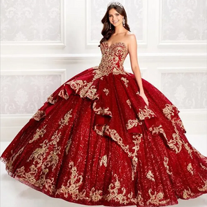 Sparkly Beaded Lace Ball Gown Sweetheart Sequined Prom Gowns Tiered Sweet 15 Dress Red Quinceanera Dresses With Jacket MQ653