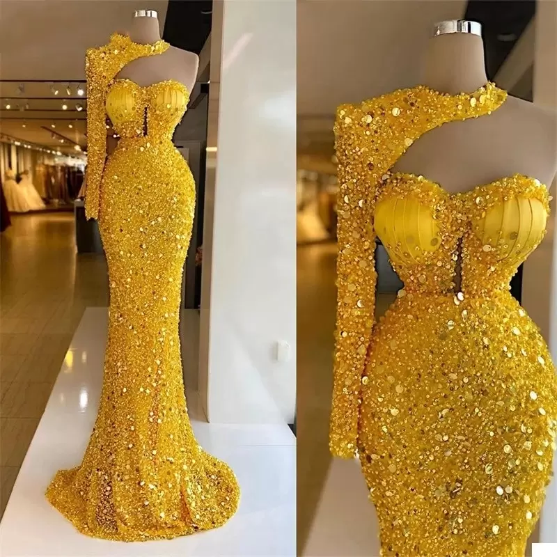 One Shoulder Beads Sequined Formal Long Dubai Arabic Robe Party Evening Gowns Glitter Yellow Prom Dress MP116