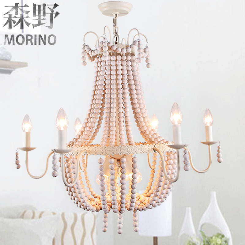 Wood Beaded Chandelier, 6 Lights Farmhouse Chandelier Crystals, Boho Light Fixture Ceiling for Bedroom Foyer Dining Room