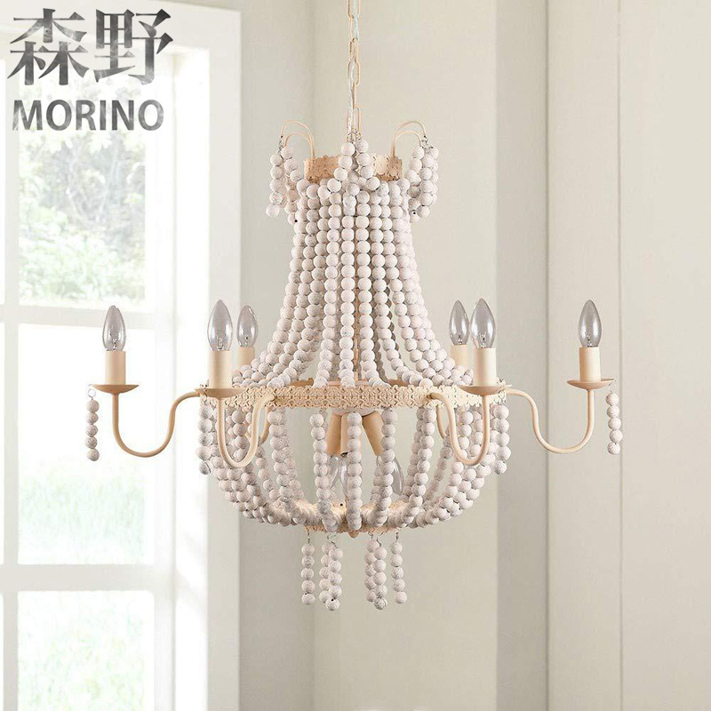 Wood Beaded Chandelier, 6 Lights Farmhouse Chandelier Crystals, Boho Light Fixture Ceiling for Bedroom Foyer Dining Room