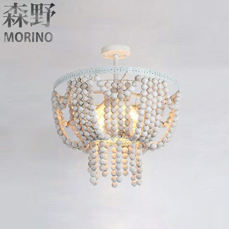 Wood Beaded Chandelier, 6 Lights Farmhouse Chandelier Crystals, Boho Light Fixture Ceiling for Bedroom Foyer Dining Room