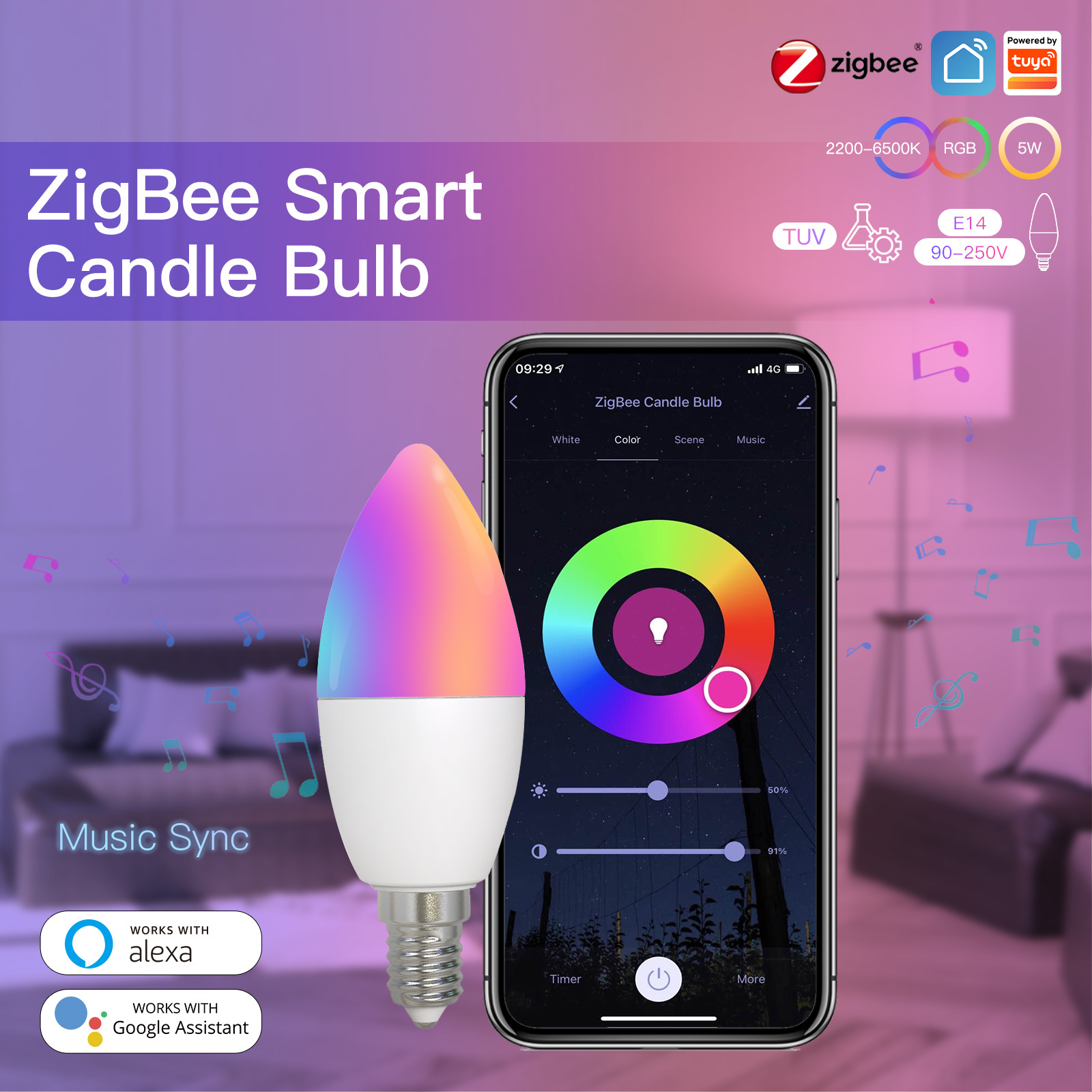 Tuya ZigBee Smart E14 Candle LED Light Candle Bulb 5W RGBCCT 2200-6500K Alexa Google Voice Control