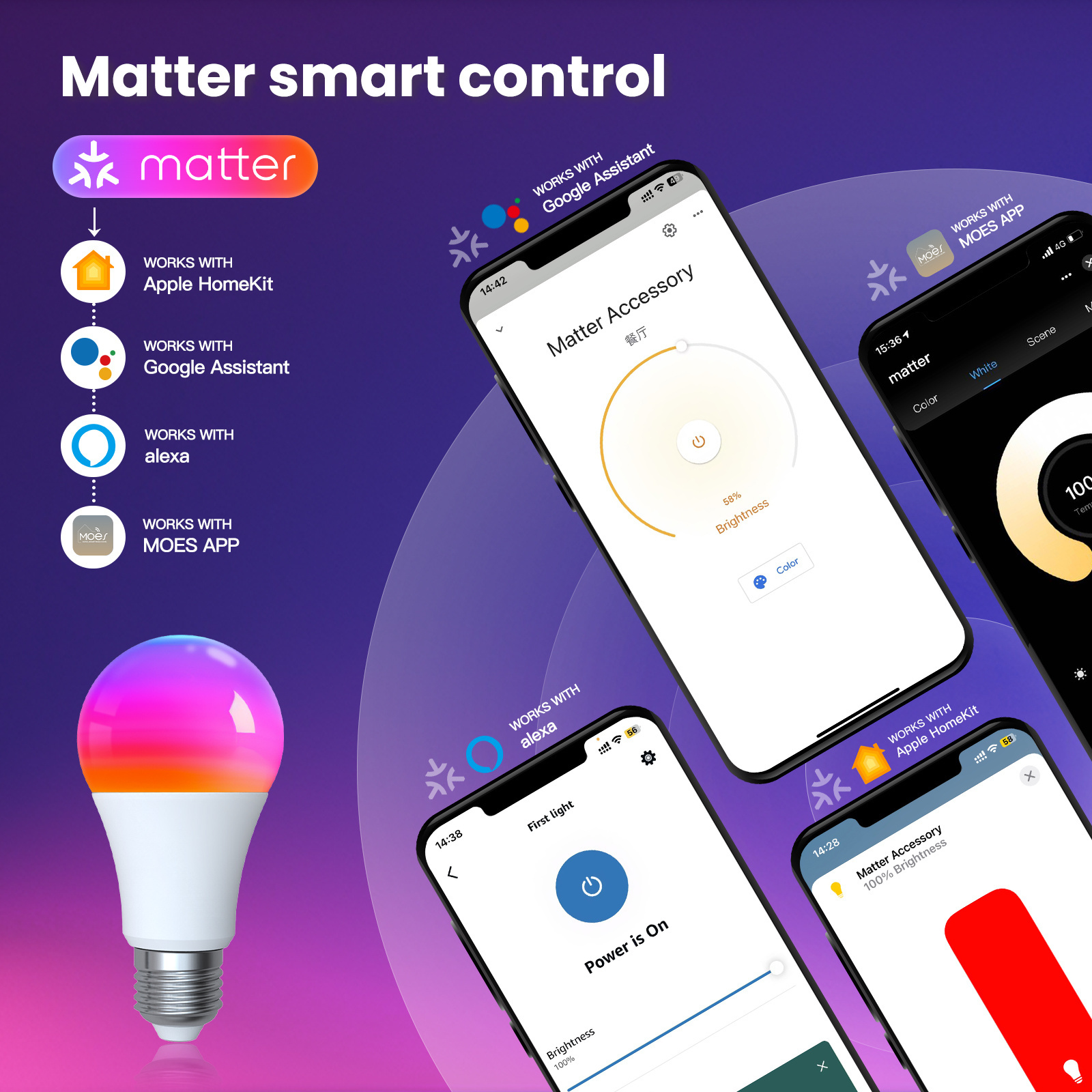 Tuya Matter WiFi Smart Bulb Dimmable Led Light 16 Million RGB Colors E27 Lamp Voice Control Alexa Google Home