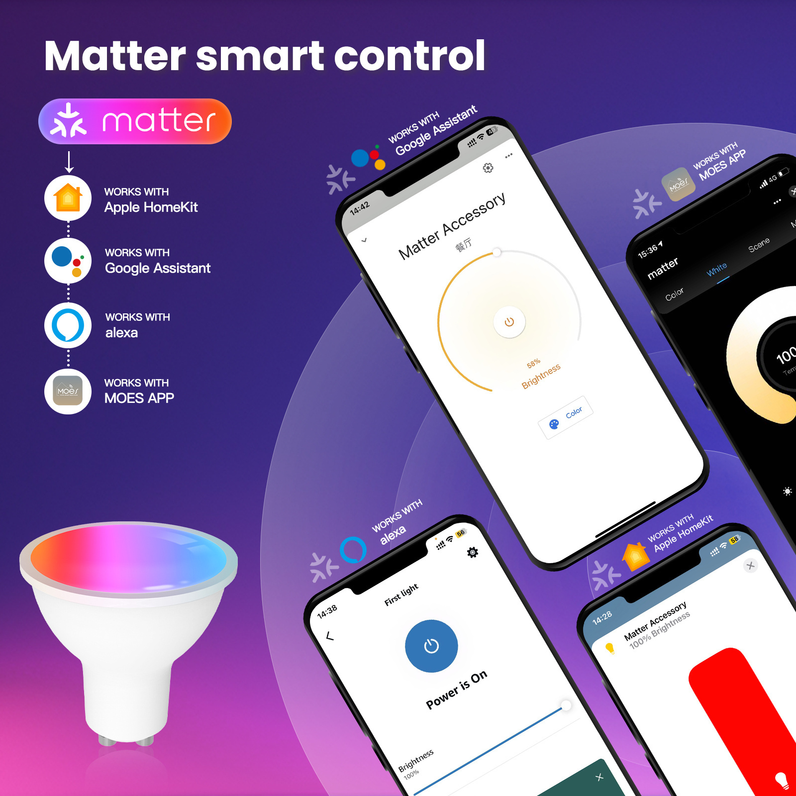 Tuya Matter WiFi Smart Bulb Dimmable Led Light 16 Million RGB Colors GU10 Lamp Voice Control Alexa Google Home