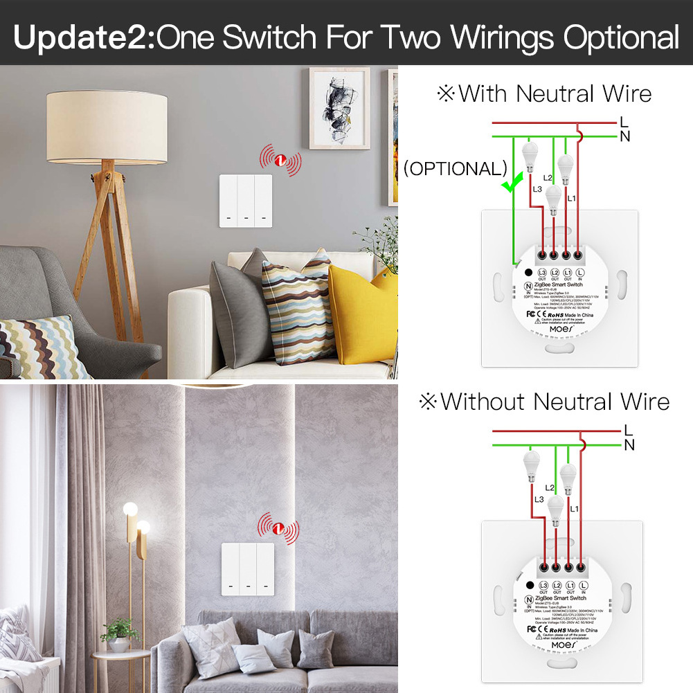 ZigBee 3 gang both Neutral/No Neutral Wire Wall Light Switch No Capacitor app remote control smart speaker voice controller