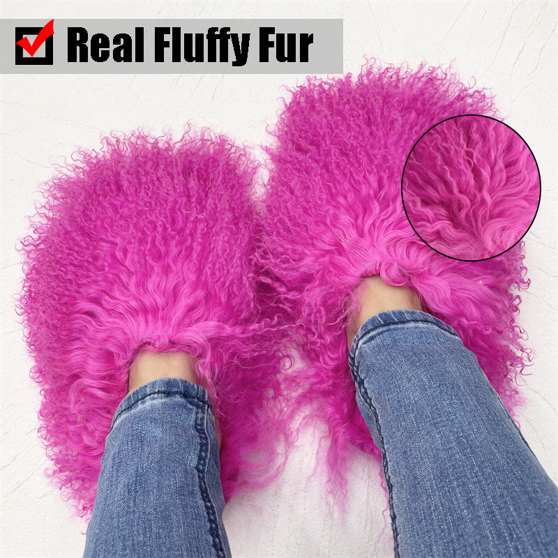 Wholesale custom luxury fashion fluffy women big real furry mongolian fur slides slippers shoes boots and purse set green