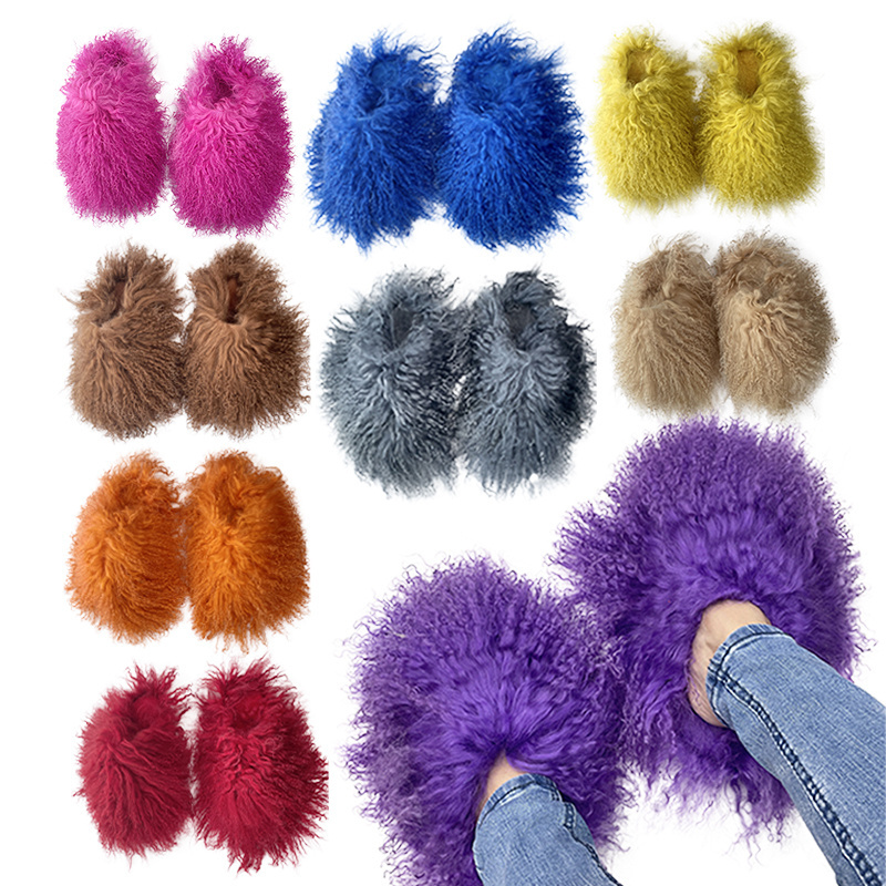 Wholesale custom luxury fashion fluffy women big real furry mongolian fur slides slippers shoes boots and purse set green