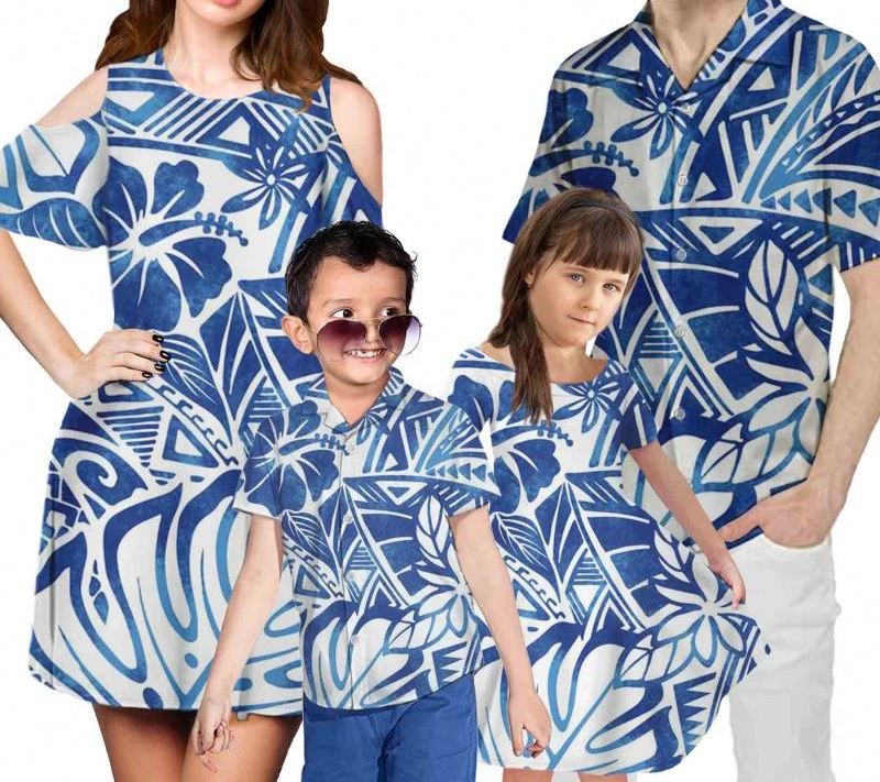 2021 New Polynesian Printing 4Pcs Set Mom/Daughter Dress with Shorts Sleeve Match Dad/Son Shirts Family Clothing Set