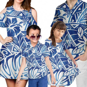 2021 New Polynesian Printing 4Pcs Set Mom/Daughter Dress with Shorts Sleeve Match Dad/Son Shirts Family Clothing Set