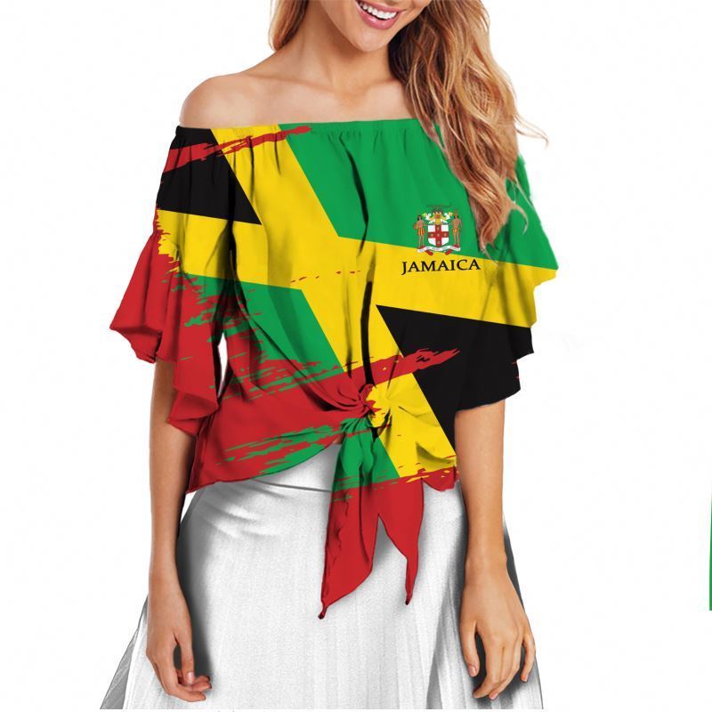 Jamaica Flag Letter National Symbols Rasta Reggae Woman Tops 2022 Summer Sexy Tie Knot Front Shirts for Women Chiffon Tops