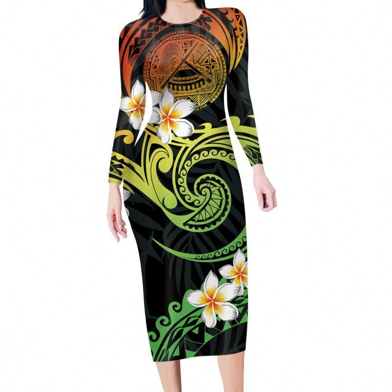 Attractive Hawaiian Style Floral Made Clothing Wholesale To Sell Long Sleeve Polynesian Tribal Vintage Clothing Woman Dress