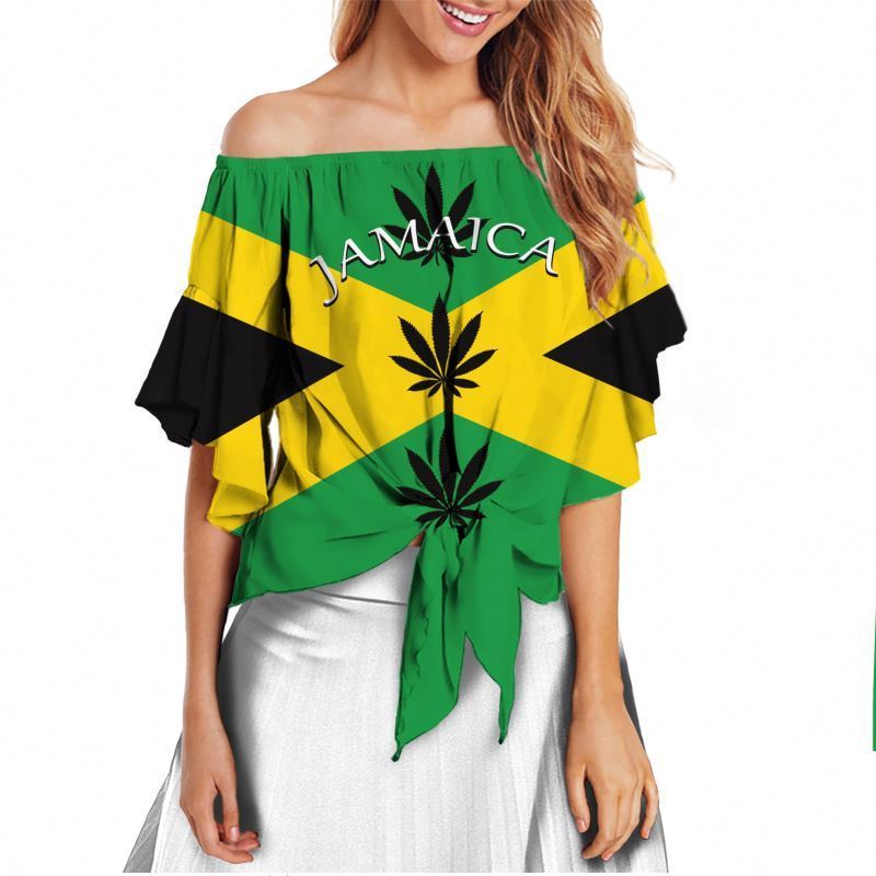 Jamaica Flag Letter National Symbols Rasta Reggae Woman Tops 2022 Summer Sexy Tie Knot Front Shirts for Women Chiffon Tops