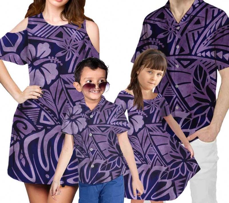 2021 New Polynesian Printing 4Pcs Set Mom/Daughter Dress with Shorts Sleeve Match Dad/Son Shirts Family Clothing Set