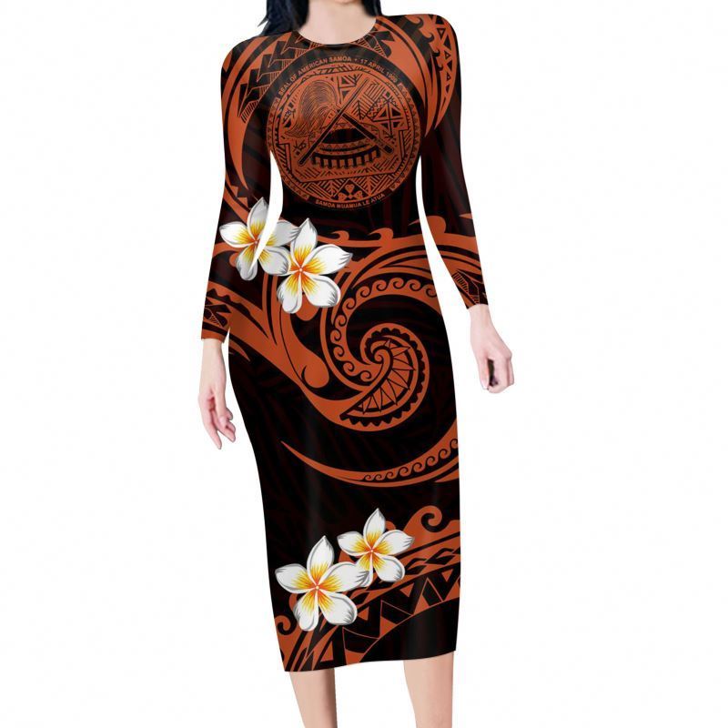 Attractive Hawaiian Style Floral Made Clothing Wholesale To Sell Long Sleeve Polynesian Tribal Vintage Clothing Woman Dress