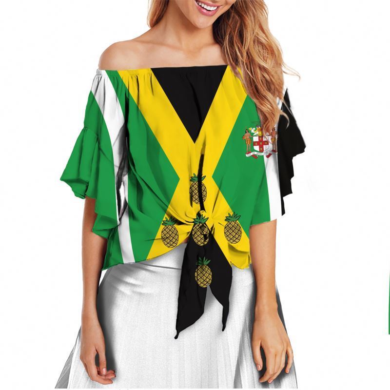 Jamaica Flag Letter National Symbols Rasta Reggae Woman Tops 2022 Summer Sexy Tie Knot Front Shirts for Women Chiffon Tops