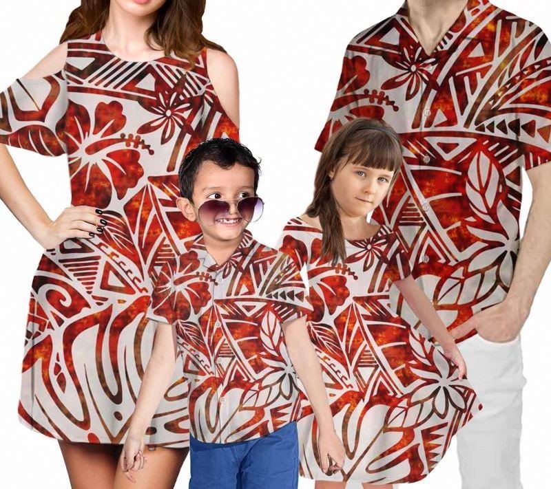 2021 New Polynesian Printing 4Pcs Set Mom/Daughter Dress with Shorts Sleeve Match Dad/Son Shirts Family Clothing Set