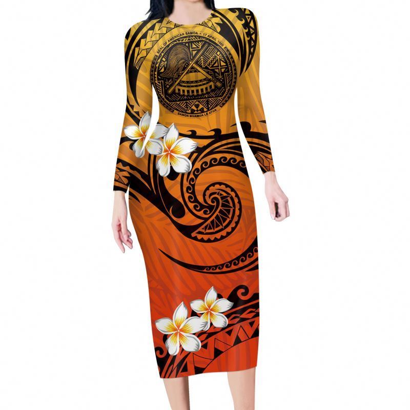 Attractive Hawaiian Style Floral Made Clothing Wholesale To Sell Long Sleeve Polynesian Tribal Vintage Clothing Woman Dress