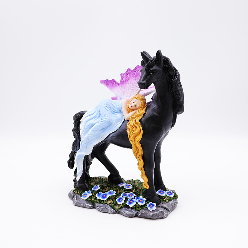 OEM home garden decor miniature 3d figure statue custom resin craft beautiful mystical fairy and black unicorn figurines