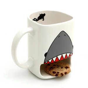 Custom porcelain shark week tea cup with biscuits holder, ceramic cartoon cookie dunk mug