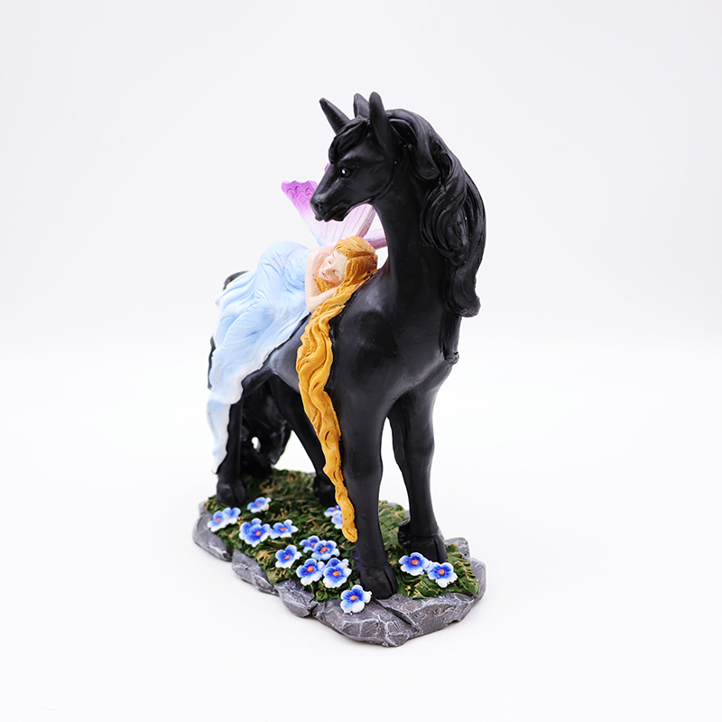 OEM home garden decor miniature 3d figure statue custom resin craft beautiful mystical fairy and black unicorn figurines