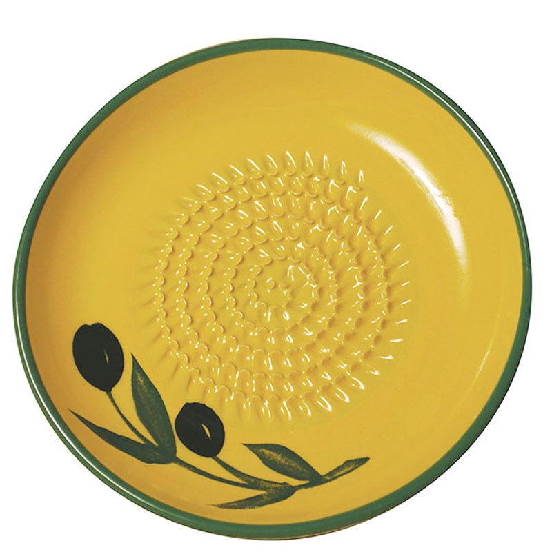 Custom yellow and green olive pattern design shaped round ginger grater plate Ceramic Chinese garlic grater plates