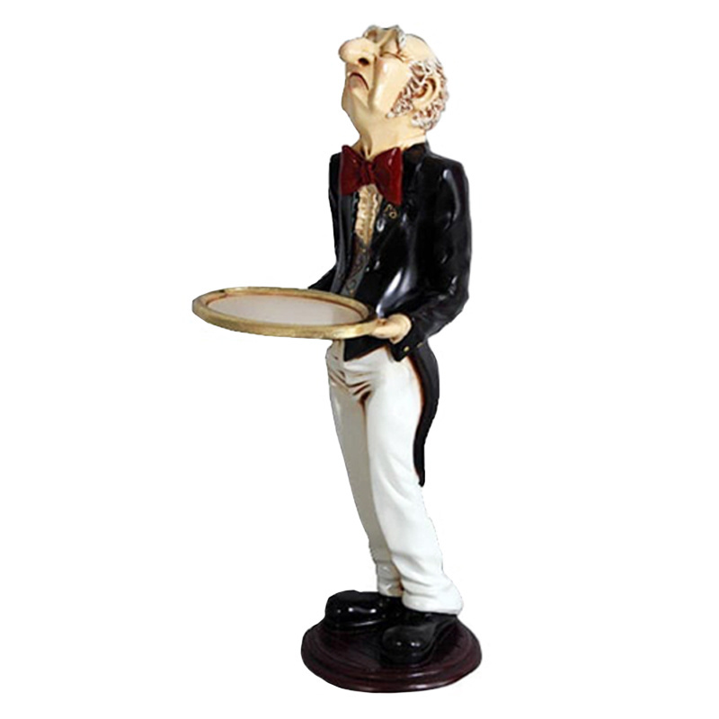 Ornamental waiter butler old man statue with tray, prop restaurant decor, resin life size butler statues