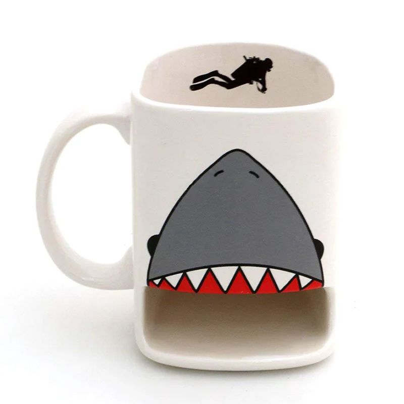 Custom porcelain shark week tea cup with biscuits holder, ceramic cartoon cookie dunk mug