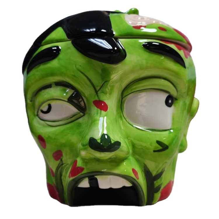 OEM handmade skull canister hot sales porcelain candy jar food safe ceramic zombie cookie jars for Halloween