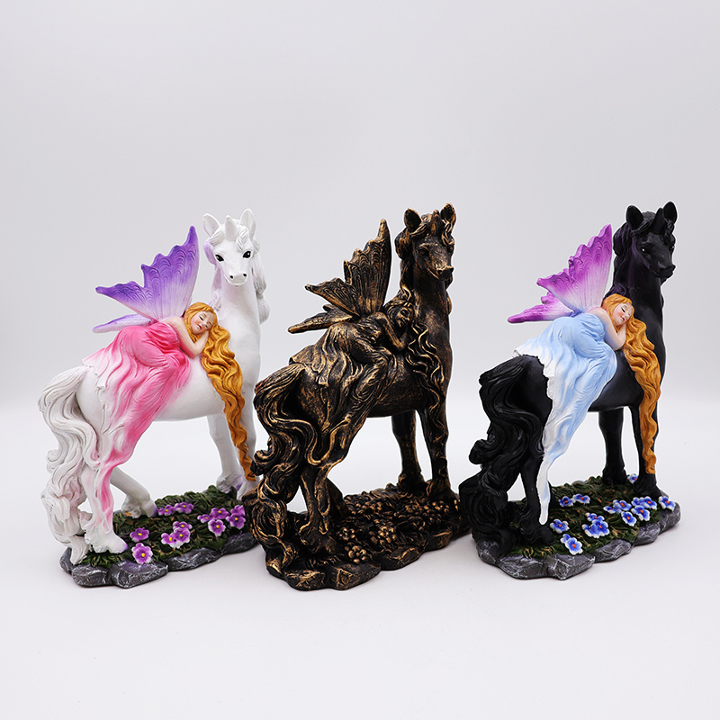 OEM home garden decor unique miniature 3d figure statue custom resin craft beautiful mystical fairy and unicorn figurines